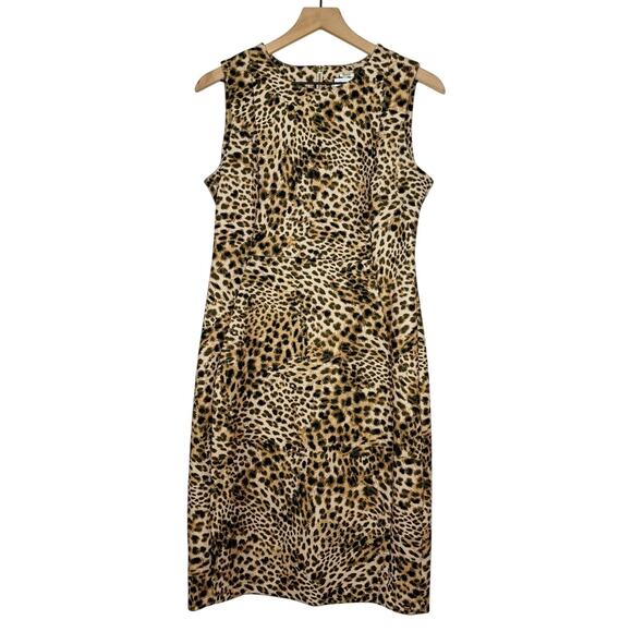 Calvin Klein Sheath Dress Women's Size 10 Tan Leopard Print Sleeveless Cocktail - Picture 1 of 8